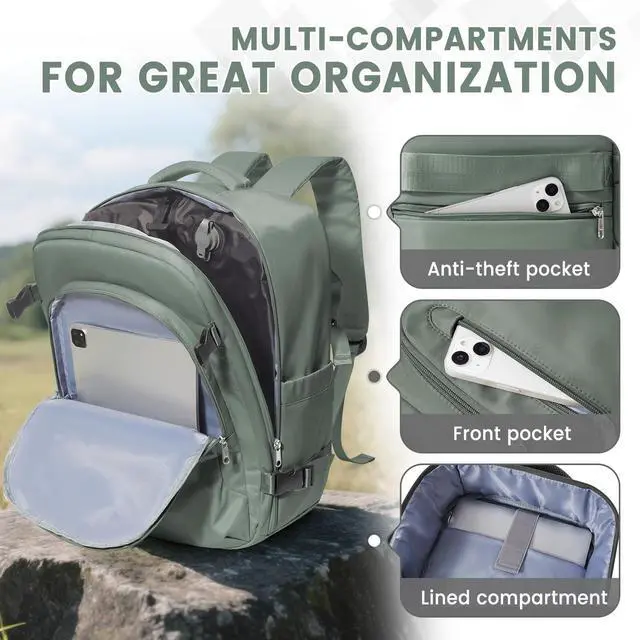 Alt view image 4 of 5 - livbote Vacuum Backpack Travel with Pump for Women, Personal Item Carry on Backpack Flight Approved 18x14x8 inches for Men, Waterproof Work Laptop Casual Daypack - Green