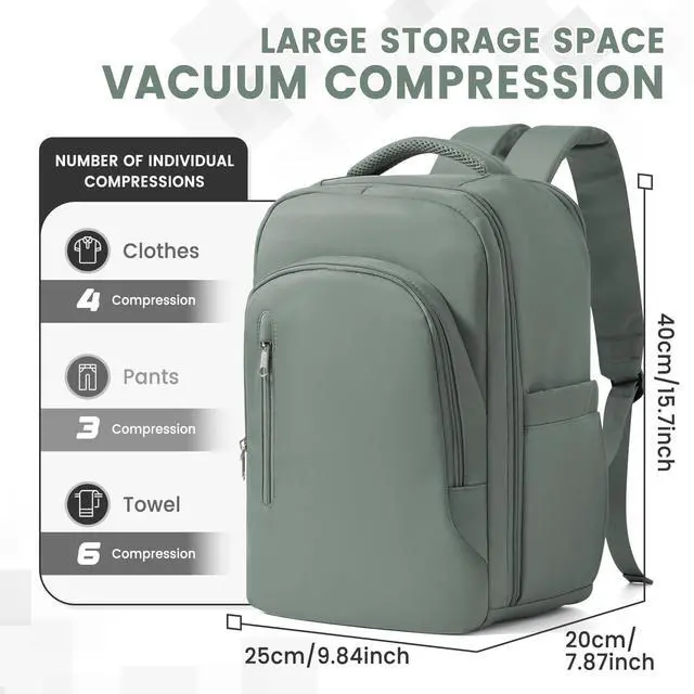 Alt view image 5 of 5 - livbote Vacuum Backpack Travel with Pump for Women, Personal Item Carry on Backpack Flight Approved 18x14x8 inches for Men, Waterproof Work Laptop Casual Daypack - Green
