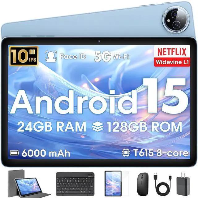 Main image of Android 15 Tablet 10 inch,24GB RAM 128 ROM,Tablets with Keyboard Case Mouse Stylus,1TB Expandable,Octa-Core 6000mAh 1280x800 IPS HD,5G WiFi,T615 CPU,High Performance,Processor,Dual Camera(Blue)