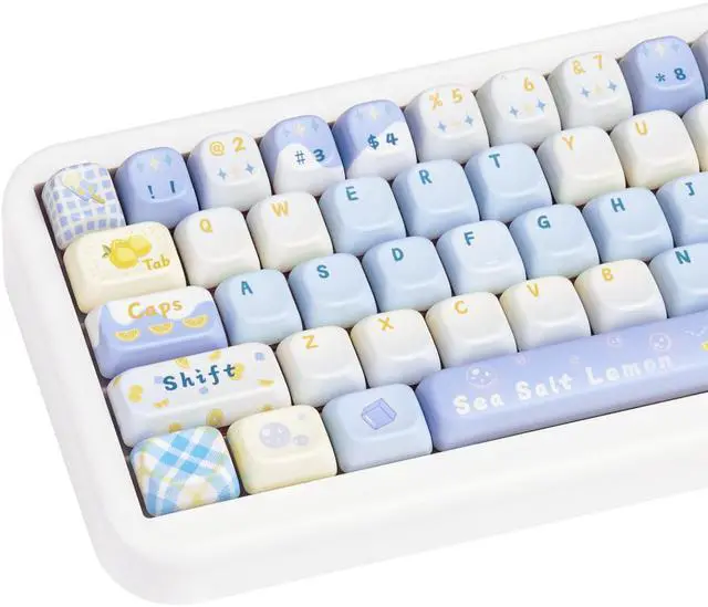 Main image of 145 Keys Lemon Themed PBT Keycaps Set, Blue and White Cute Design, Cool and Clean Aesthetic, 5 Side Dye Sublimation Keycaps, FOA Profile for Mechanical Gaming Keyboard