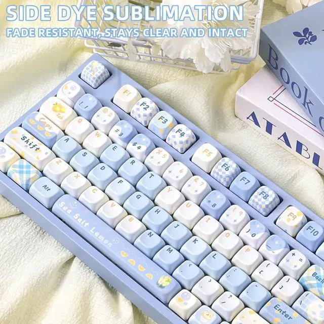 Alt view image 5 of 5 - 145 Keys Lemon Themed PBT Keycaps Set, Blue and White Cute Design, Cool and Clean Aesthetic, 5 Side Dye Sublimation Keycaps, FOA Profile for Mechanical Gaming Keyboard