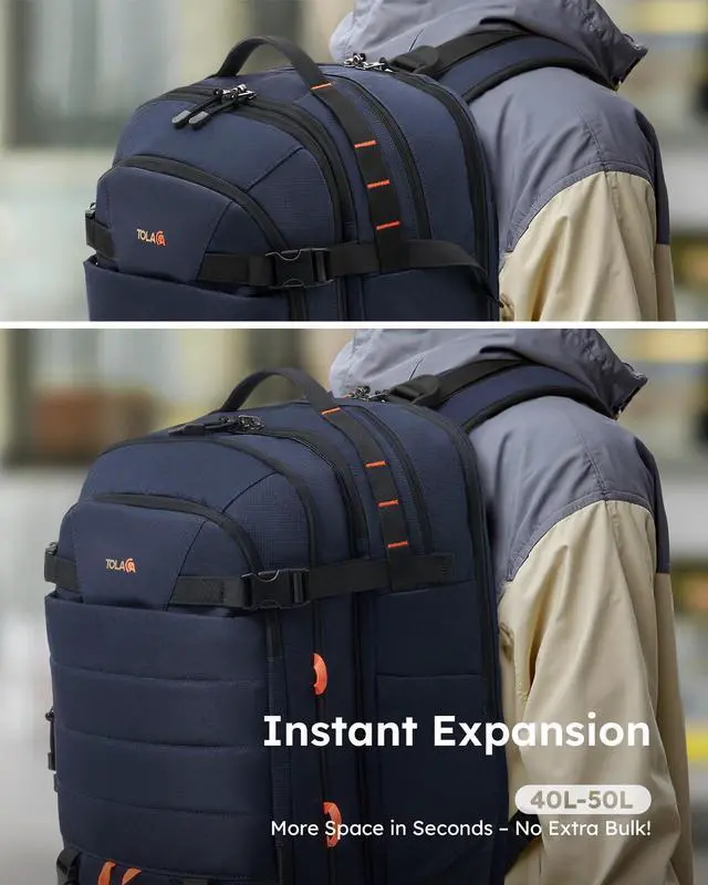 Alt view image 3 of 5 - Tolaccea Carry on Travel Backpack, TSA Friendly Flight Approved Laptop Backpack Duffle Bag for Men Women with Dual Laptop Storage for 17.3", Expandable Business Rucksack 40L-50L Large - Blue