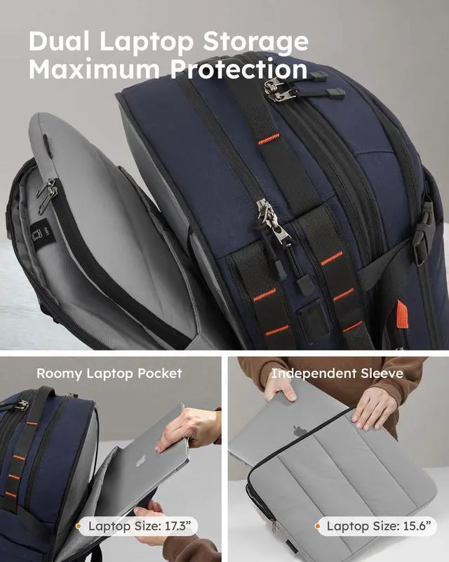 Alt view image 4 of 5 - Tolaccea Carry on Travel Backpack, TSA Friendly Flight Approved Laptop Backpack Duffle Bag for Men Women with Dual Laptop Storage for 17.3", Expandable Business Rucksack 40L-50L Large - Blue