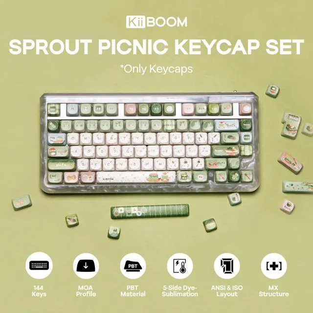 Alt view image 2 of 5 - KiiBoom Sprout Picnic Keycap Set, 144 Keys MOA Profile PBT Keycaps for Mechanical Keyboard, Compatible with ANSI/ISO, 60%, 65%, 75%, TKL, Full-Sized Layout