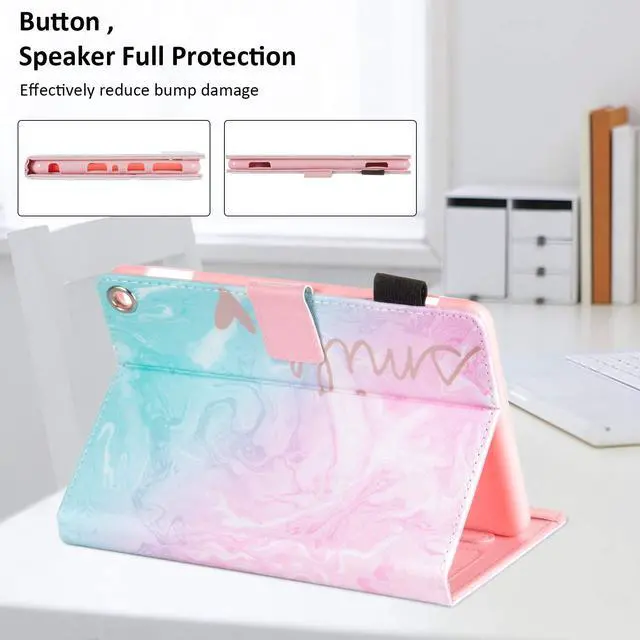 Alt view image 3 of 5 - Dteck for Fire HD 8 (12th/10th Generation) Smart Folio Case 2024/2022/2020 Release (8") with Auto Sleep Wake/Stand/Adjustable Viewing Angle/Stylus, PU Leather Protective Cute Cover, Pink Blue Smile