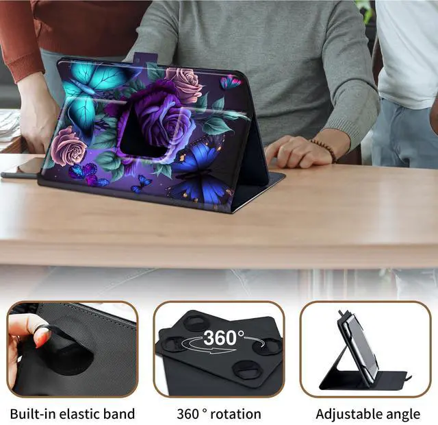 Alt view image 4 of 5 - Case for TECLAST T40 Plus / T40 Pro 10.4 inch Android 11 Tablet,360 Degree Rotating Case Protective Cover,Blue Pink Roses Butterfly
