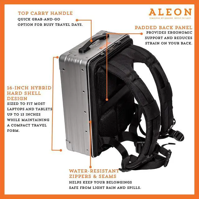 Alt view image 2 of 5 - All Aluminum Lightweight 16" Hybrid Backpack for Men & Women, Fits 13" Laptop, Premium Hard Shell Backpack for Business Travel with RFID blocker for Tech, Executive, Gamers, Photographer (Silver)