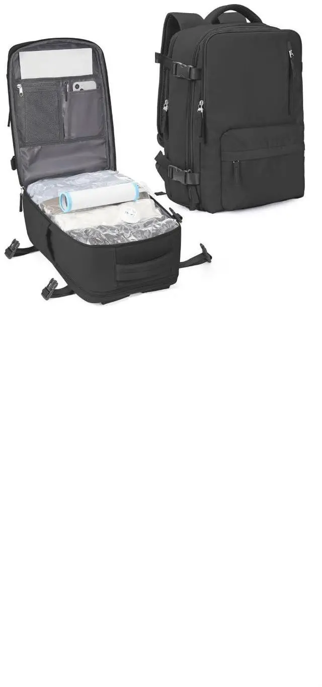 Main image of Travel Vacuum Seal Backpack for Clothing with Hand Pump 18x14x8 inches Personal item Travel Essentials Storage Backpacks Vacuum Sealed Work laptop Backpack Carry on Flight Approved for Women Men Black