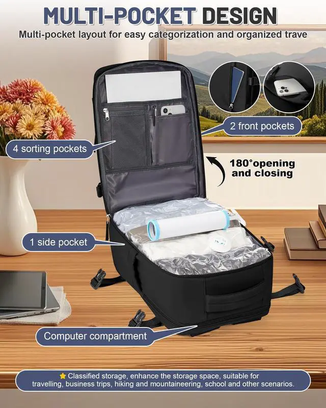 Alt view image 5 of 5 - Travel Vacuum Seal Backpack for Clothing with Hand Pump 18x14x8 inches Personal item Travel Essentials Storage Backpacks Vacuum Sealed Work laptop Backpack Carry on Flight Approved for Women Men Black