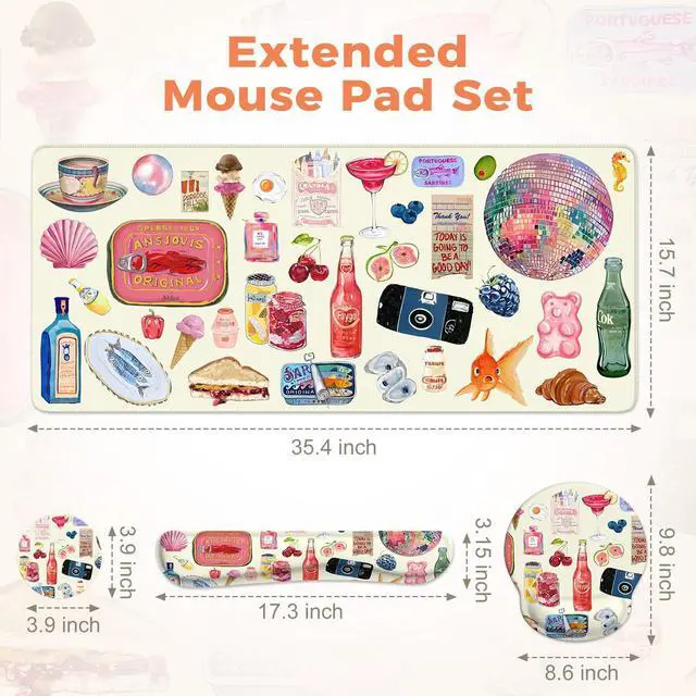 Alt view image 2 of 5 - iLeadon Large Desk Cover Mat, Non Slip Gel Mouse Pad with Wrist Support Extra Large, Computer Desk Mat with Keyboard Wrist Rest and Mouse Pad Set, Computer Mats for Desktop Women (Vintage Stickers)