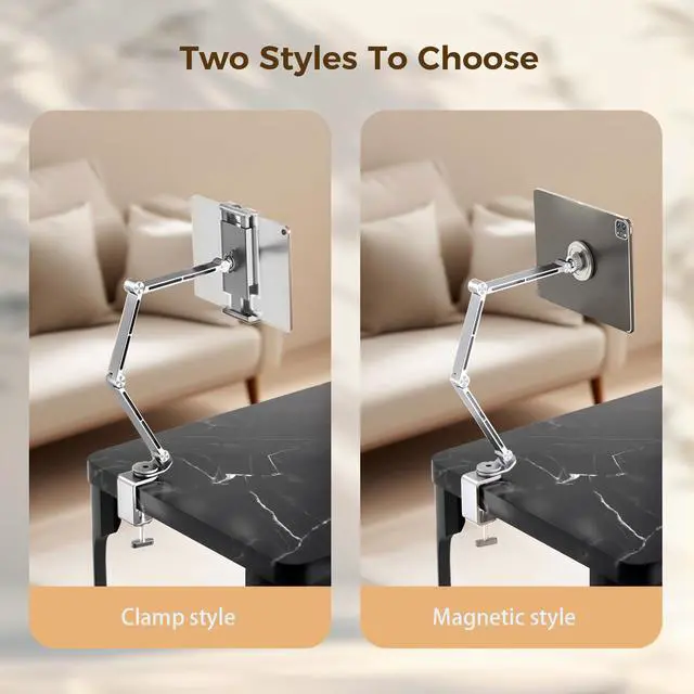 Alt view image 2 of 5 - Pisipi Tablet Stand for Desk, iPad Desk Mount, Magnetic Tablet Holder for Desk, Foldable Phone Arm Mount with 360° Adjustable Rotatable, Phone Holder iPad Stand Fits for 4.7-15.6" Screen (Sliver)