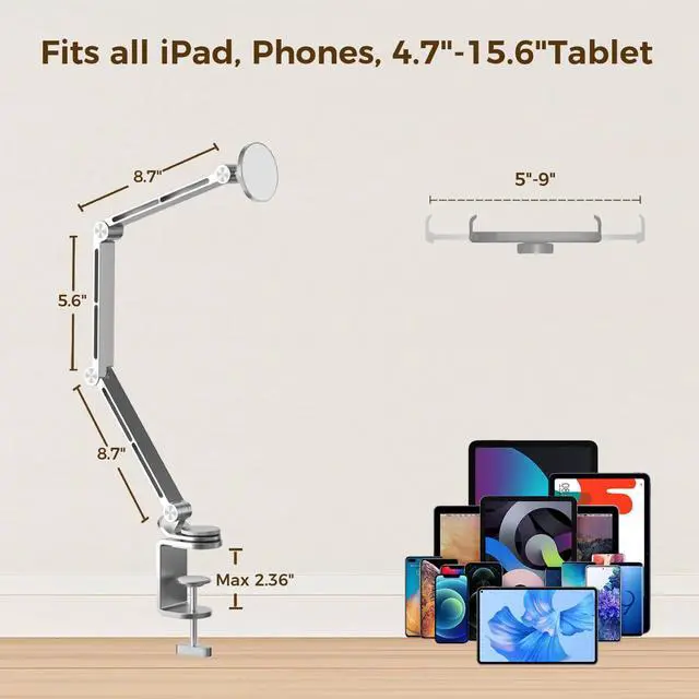 Alt view image 4 of 5 - Pisipi Tablet Stand for Desk, iPad Desk Mount, Magnetic Tablet Holder for Desk, Foldable Phone Arm Mount with 360° Adjustable Rotatable, Phone Holder iPad Stand Fits for 4.7-15.6" Screen (Sliver)