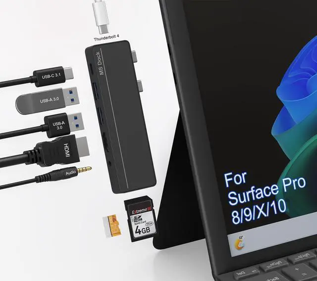 Main image of Surface Pro 8/9/X/10 Dongle - Surface Pro 9 Adapter with 4K HDMI, Thunderbolt 4 (8K@30Hz Video+40G Data+100W PD), USB 3.0, SD/TF Reader, 3.5mm Audio Microsoft Surface Pro 9 Docking Station Hub