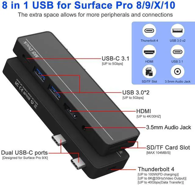 Alt view image 2 of 5 - Surface Pro 8/9/X/10 Dongle - Surface Pro 9 Adapter with 4K HDMI, Thunderbolt 4 (8K@30Hz Video+40G Data+100W PD), USB 3.0, SD/TF Reader, 3.5mm Audio Microsoft Surface Pro 9 Docking Station Hub