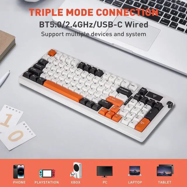 Alt view image 2 of 5 - HUO JI 96% Wireless Mechanical Keyboard, Hot Swappable Gasket Mount with Pre-Lubed Red Switches, Bluetooth/2.4GHz/USB-C Tri-Mode, RGB Backlit, PBT Keycaps, 4000mAh Battery for Gaming (White & Orange)