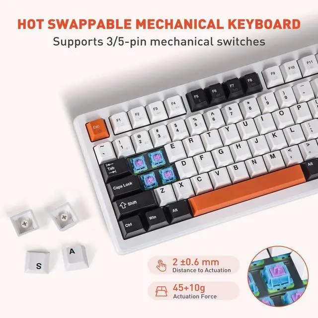 Alt view image 4 of 5 - HUO JI 96% Wireless Mechanical Keyboard, Hot Swappable Gasket Mount with Pre-Lubed Red Switches, Bluetooth/2.4GHz/USB-C Tri-Mode, RGB Backlit, PBT Keycaps, 4000mAh Battery for Gaming (White & Orange)