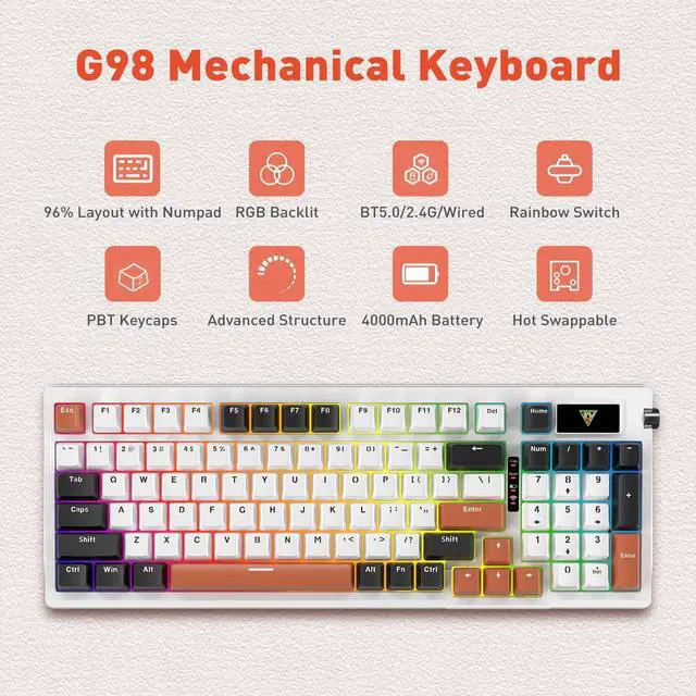 Alt view image 3 of 5 - HUO JI 96% Wireless Mechanical Keyboard, Hot Swappable Gasket Mount with Pre-Lubed Red Switches, Bluetooth/2.4GHz/USB-C Tri-Mode, RGB Backlit, PBT Keycaps, 4000mAh Battery for Gaming (White & Orange)