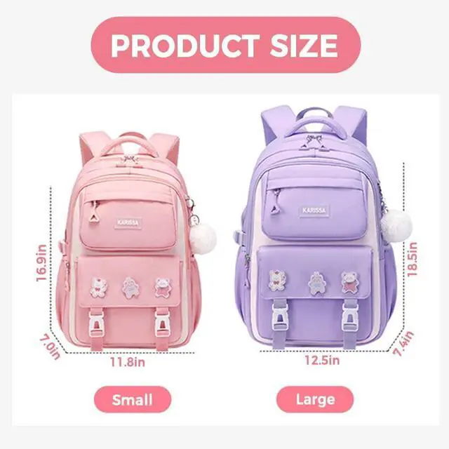 Alt view image 2 of 4 - MININAI Cute Backpack for Kids Teen Girls Large Kawaii Aesthetic Elementary Middle School Student Bookbag Preppy Laptop Backpack for Ages 6-8 8-10 10-12 with Pin Accessories Plush Pendant, Beige