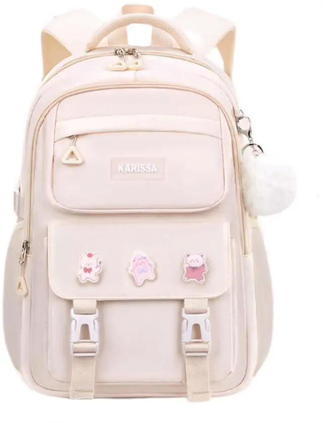 Main image of MININAI Cute Backpack for Kids Teen Girls Large Kawaii Aesthetic Elementary Middle School Student Bookbag Preppy Laptop Backpack for Ages 6-8 8-10 10-12 with Pin Accessories Plush Pendant, Beige