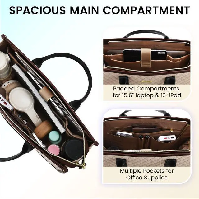 Alt view image 2 of 5 - LOVEVOOK Laptop Bags for Women, 15.6 inch Waterproof Work Tote Bag with Clutch, Professional Teacher Computer Purse Lightweight Shoulder Bag Travel, Apricot Chocolate Black