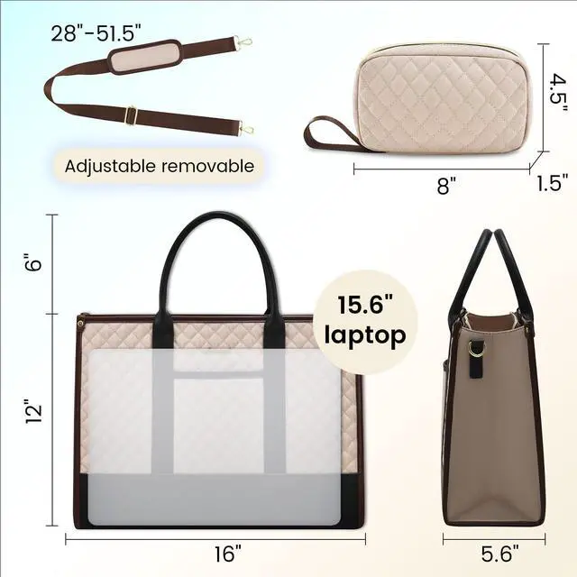 Alt view image 5 of 5 - LOVEVOOK Laptop Bags for Women, 15.6 inch Waterproof Work Tote Bag with Clutch, Professional Teacher Computer Purse Lightweight Shoulder Bag Travel, Apricot Chocolate Black