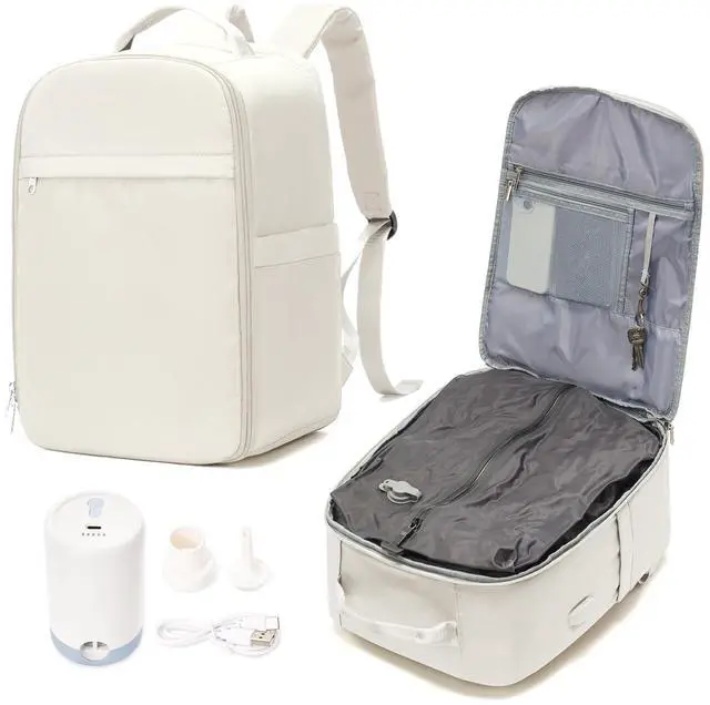 Main image of WEPLAN Vacuum backpack travel with pump, Travel Backpack with Vacuum System,Carry on Personal Item Bag 17×10×9 United Airlines Flight Approved Hand Luggage - Beige