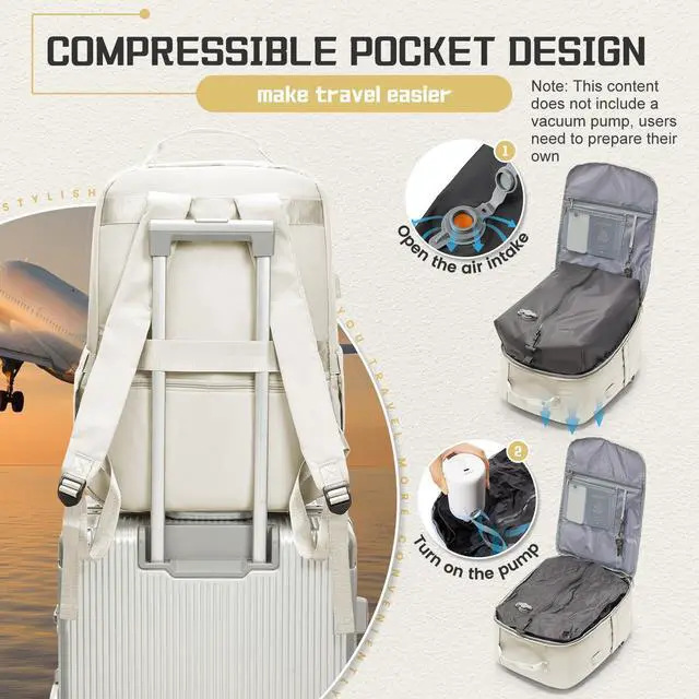 Alt view image 2 of 5 - WEPLAN Vacuum backpack travel with pump, Travel Backpack with Vacuum System,Carry on Personal Item Bag 17×10×9 United Airlines Flight Approved Hand Luggage - Beige