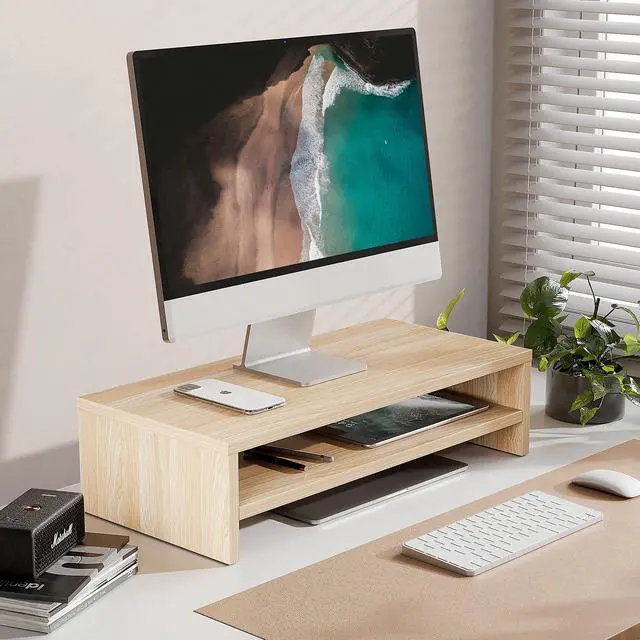 Alt view image 2 of 5 - FITUEYES Monitor Stand - 2 Tier Computer Monitor Riser with 21.3 Inch Shelf, Wood Desktop Stand for Laptop Computer Screen, Desk Organization, Office Supplies