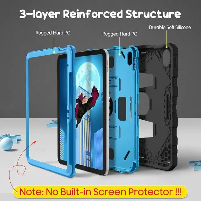 Alt view image 3 of 5 - Fintie Kids Friendly Case for iPad (A16) 11th Generation 11 Inch (2025), iPad 10th Generation 10.9 Inch (2022), Fully-Body Rugged Heavy Duty Shockproof Protective Case with Kickstand, Black/Blue