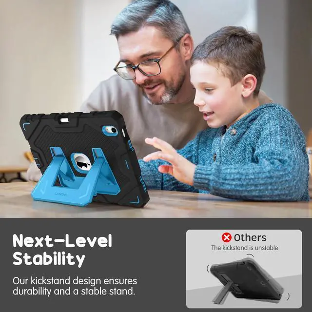 Alt view image 5 of 5 - Fintie Kids Friendly Case for iPad (A16) 11th Generation 11 Inch (2025), iPad 10th Generation 10.9 Inch (2022), Fully-Body Rugged Heavy Duty Shockproof Protective Case with Kickstand, Black/Blue