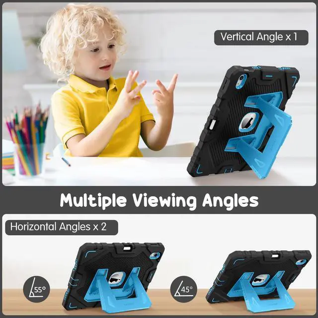 Alt view image 4 of 5 - Fintie Kids Friendly Case for iPad (A16) 11th Generation 11 Inch (2025), iPad 10th Generation 10.9 Inch (2022), Fully-Body Rugged Heavy Duty Shockproof Protective Case with Kickstand, Black/Blue