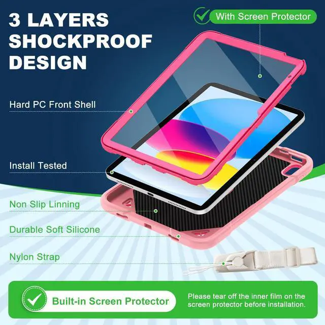 Alt view image 2 of 5 - Case for iPad (A16) 11th Generation 11 Inch 2025/iPad 10th Generation 10.9 Inch 2022 with Built-in Screen Protector 360°Rotating Stand,Shoulder Strap Full Body Heavy Duty Protective Cover (Rose Pink)