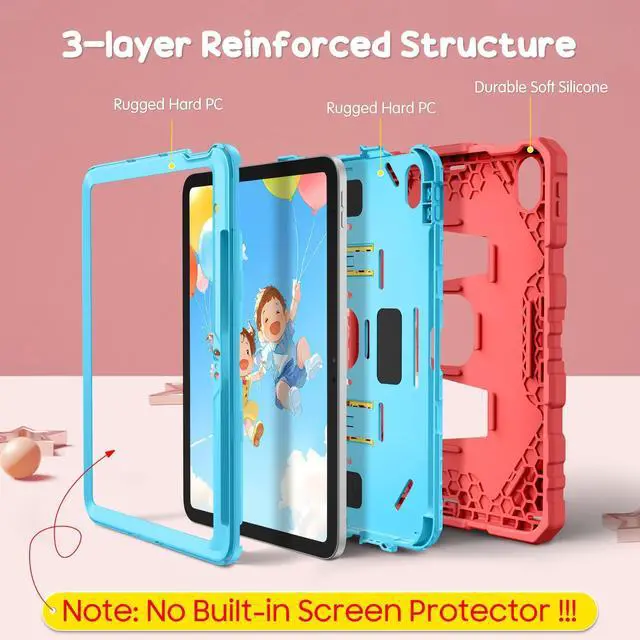 Alt view image 3 of 5 - Fintie Kids Friendly Case for iPad (A16) 11th Generation 11 Inch (2025), iPad 10th Generation 10.9 Inch (2022), Fully-Body Rugged Heavy Duty Shockproof Protective Case with Kickstand, Pink/Yellow