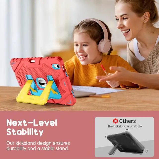 Alt view image 5 of 5 - Fintie Kids Friendly Case for iPad (A16) 11th Generation 11 Inch (2025), iPad 10th Generation 10.9 Inch (2022), Fully-Body Rugged Heavy Duty Shockproof Protective Case with Kickstand, Pink/Yellow