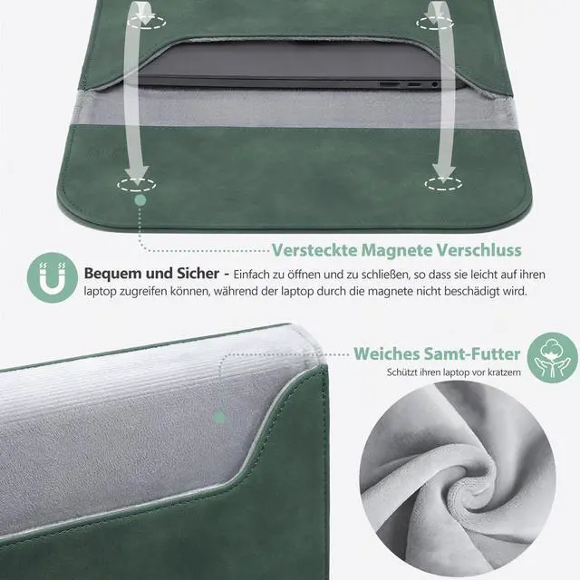 Alt view image 4 of 5 - HYZUO 15 Inch Laptop Sleeve Bag for MacBook Air 15 M4 A3241 M3 M2 2025-2023, 15" Surface Laptop 7/6/5/4/3, MacBook Pro 15 2019-2016, Faux Suede Leather Case Cover with Carry Pouch, Midnight Green