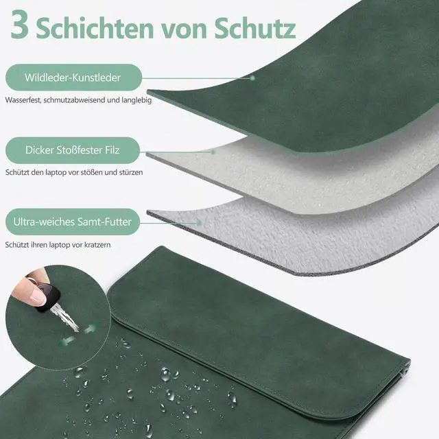 Alt view image 3 of 5 - HYZUO 15 Inch Laptop Sleeve Bag for MacBook Air 15 M4 A3241 M3 M2 2025-2023, 15" Surface Laptop 7/6/5/4/3, MacBook Pro 15 2019-2016, Faux Suede Leather Case Cover with Carry Pouch, Midnight Green