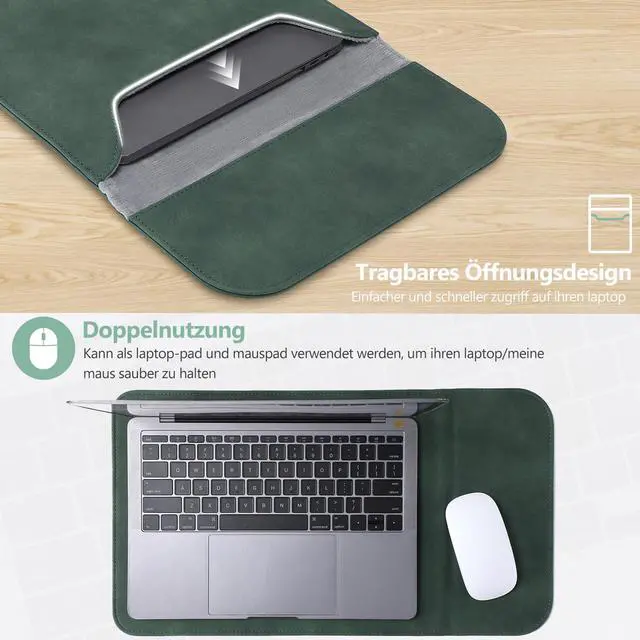 Alt view image 5 of 5 - HYZUO 15 Inch Laptop Sleeve Bag for MacBook Air 15 M4 A3241 M3 M2 2025-2023, 15" Surface Laptop 7/6/5/4/3, MacBook Pro 15 2019-2016, Faux Suede Leather Case Cover with Carry Pouch, Midnight Green