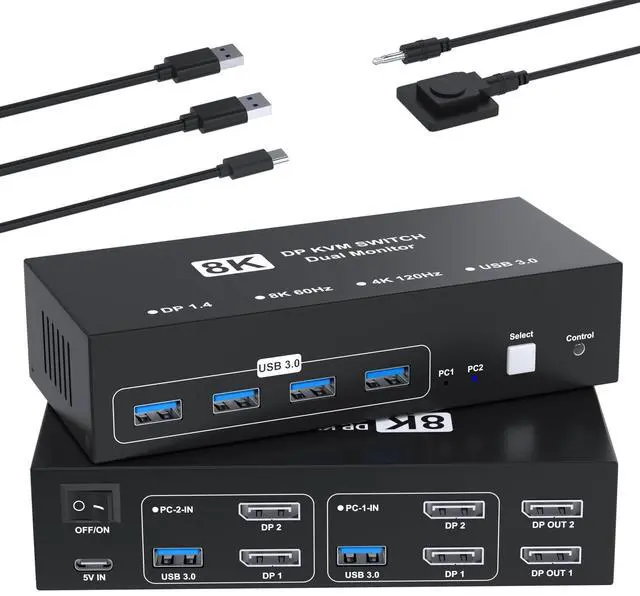 Main image of 8K@60Hz Displayport KVM Switch 2 Monitors 2 Computers, 4K@120Hz USB3.0 KVM Switch Display Port for 2 Computers Share Dual Monitors and 4 USB Devices, Computer Switch Monitor Switch for 2 Computers