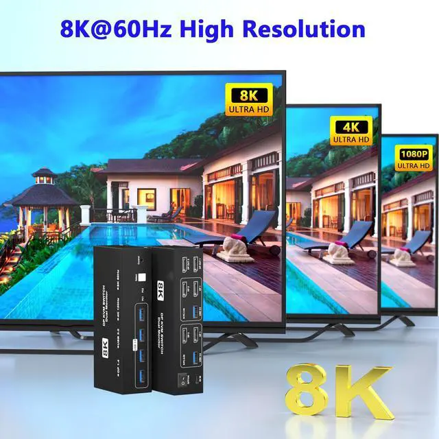 Alt view image 4 of 5 - 8K@60Hz Displayport KVM Switch 2 Monitors 2 Computers, 4K@120Hz USB3.0 KVM Switch Display Port for 2 Computers Share Dual Monitors and 4 USB Devices, Computer Switch Monitor Switch for 2 Computers