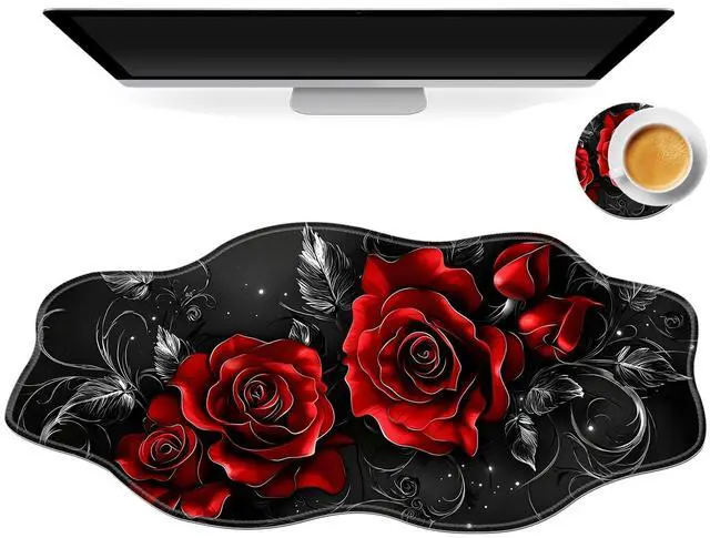 Main image of Tudguiloae Large Gaming Mouse Pad with Coaster, Edge Stitching Keyboard Vintage Red Rose Mouse Mat for Desk, 35.4" x 15.75" Household Extended Desk Pad for Desktop, Non-Slip Rubber Base