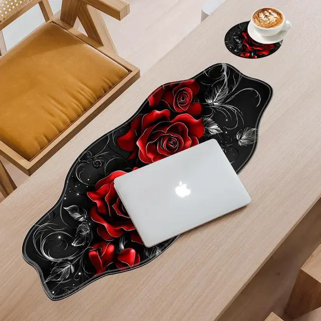Alt view image 2 of 5 - Tudguiloae Large Gaming Mouse Pad with Coaster, Edge Stitching Keyboard Vintage Red Rose Mouse Mat for Desk, 35.4" x 15.75" Household Extended Desk Pad for Desktop, Non-Slip Rubber Base