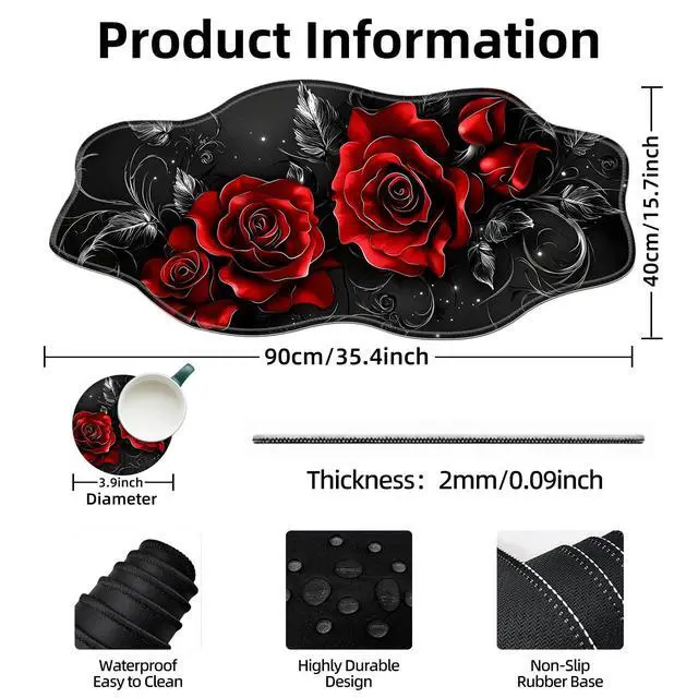 Alt view image 3 of 5 - Tudguiloae Large Gaming Mouse Pad with Coaster, Edge Stitching Keyboard Vintage Red Rose Mouse Mat for Desk, 35.4" x 15.75" Household Extended Desk Pad for Desktop, Non-Slip Rubber Base