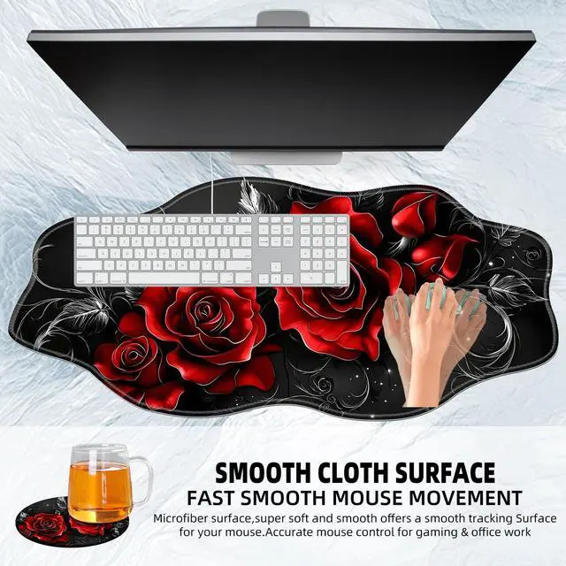 Alt view image 4 of 5 - Tudguiloae Large Gaming Mouse Pad with Coaster, Edge Stitching Keyboard Vintage Red Rose Mouse Mat for Desk, 35.4" x 15.75" Household Extended Desk Pad for Desktop, Non-Slip Rubber Base