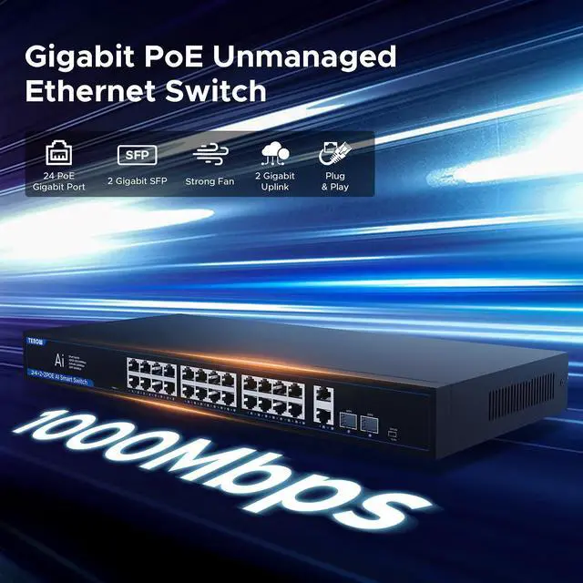 Alt view image 2 of 5 - TEROW PoE Gigabit Switch 24-Port with 2 Uplink 1000Mbps & 2 SFP Slots - 802.3af/at Compliant, 320W, Plug & Play, Traffic Optimization, Quiet Fanless Design for Office and Enterprise
