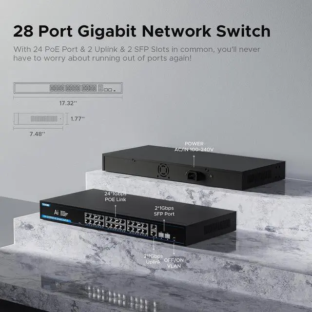 Alt view image 3 of 5 - TEROW PoE Gigabit Switch 24-Port with 2 Uplink 1000Mbps & 2 SFP Slots - 802.3af/at Compliant, 320W, Plug & Play, Traffic Optimization, Quiet Fanless Design for Office and Enterprise