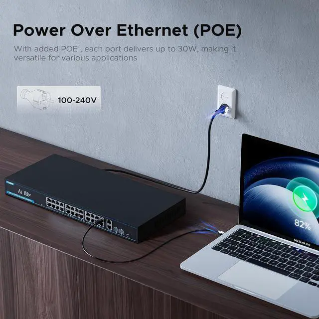 Alt view image 4 of 5 - TEROW PoE Gigabit Switch 24-Port with 2 Uplink 1000Mbps & 2 SFP Slots - 802.3af/at Compliant, 320W, Plug & Play, Traffic Optimization, Quiet Fanless Design for Office and Enterprise