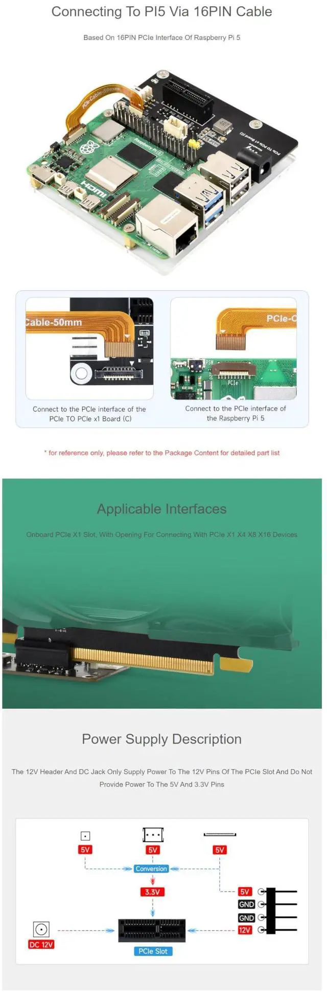 Alt view image 4 of 5 - PCIe to PCIe x1 Adapter Board (C) for Raspberry Pi 5 | Compatible with PCIe x1, x4, x8, x16 Devices | 16PIN FFC Connector | Power Supply via 12V Header & DC Jack