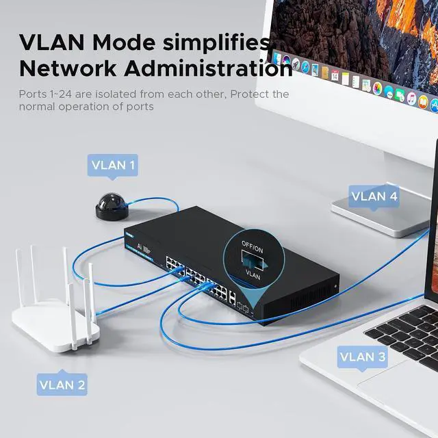 Alt view image 5 of 5 - TEROW PoE Gigabit Switch 24-Port with 2 Uplink 1000Mbps & 2 SFP Slots - 802.3af/at Compliant, 320W, Plug & Play, Traffic Optimization, Quiet Fanless Design for Office and Enterprise
