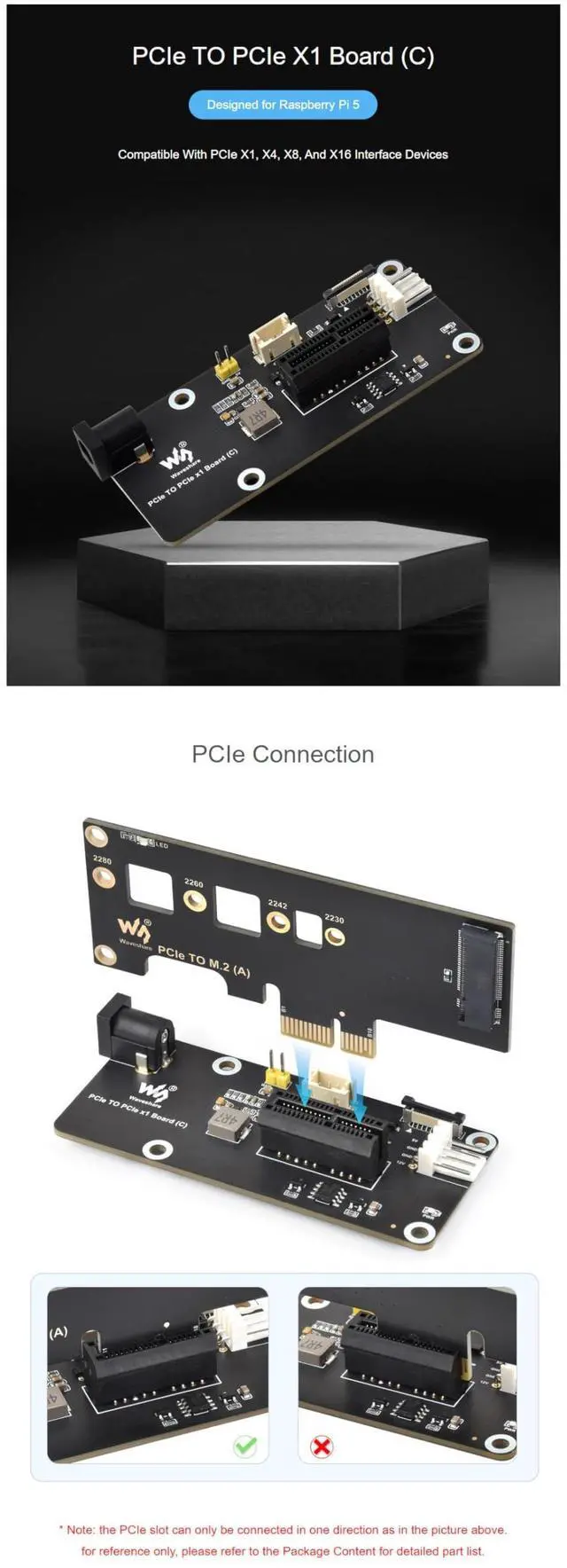 Alt view image 3 of 5 - PCIe to PCIe x1 Adapter Board (C) for Raspberry Pi 5 | Compatible with PCIe x1, x4, x8, x16 Devices | 16PIN FFC Connector | Power Supply via 12V Header & DC Jack