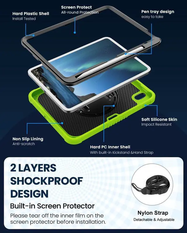 Alt view image 3 of 5 - ZtotopCases for iPad (A16) 11th/10th Generation 11''/10.9'' with Screen Protector, Pen Holder, Handle Shoulder Strap,360 Rotating Stand Rugged Protective Case for iPad 11th Gen 2025(A3354/A3355),Green